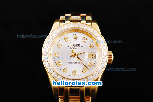 Rolex Datejust Oyster Perpetual Automatic Full Rose Gold with Diamond Bezel,White Dial and Diamond Marking-Lady Size - Click Image to Close